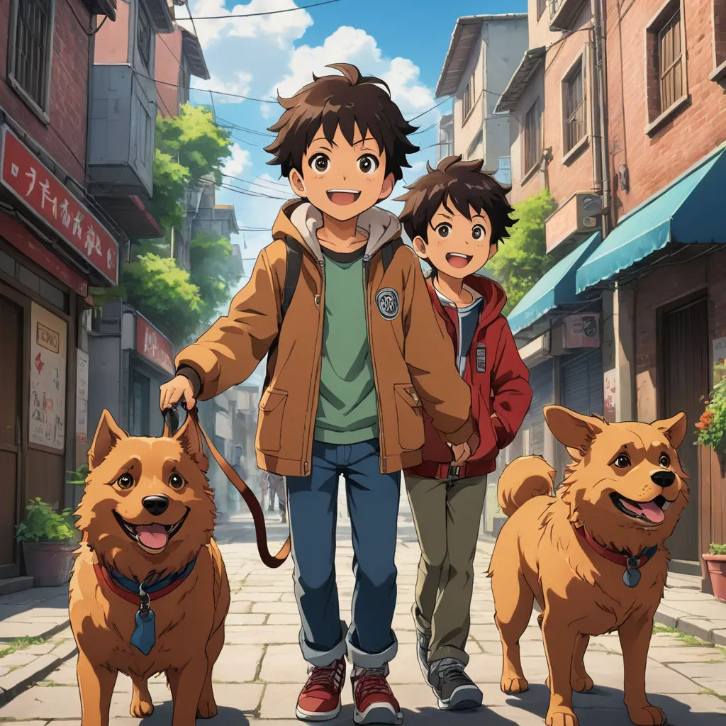 a man and a woman walking two dogs down a street with a boy on a leash behind them and another man and a dog on a leash, sots art, concept art, Baiōken Eishun, anime key visual