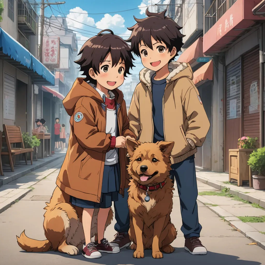 a couple of people standing next to a dog on a street with buildings in the background and a dog sitting on the ground, sots art, concept art, Eizan Kikukawa, official art