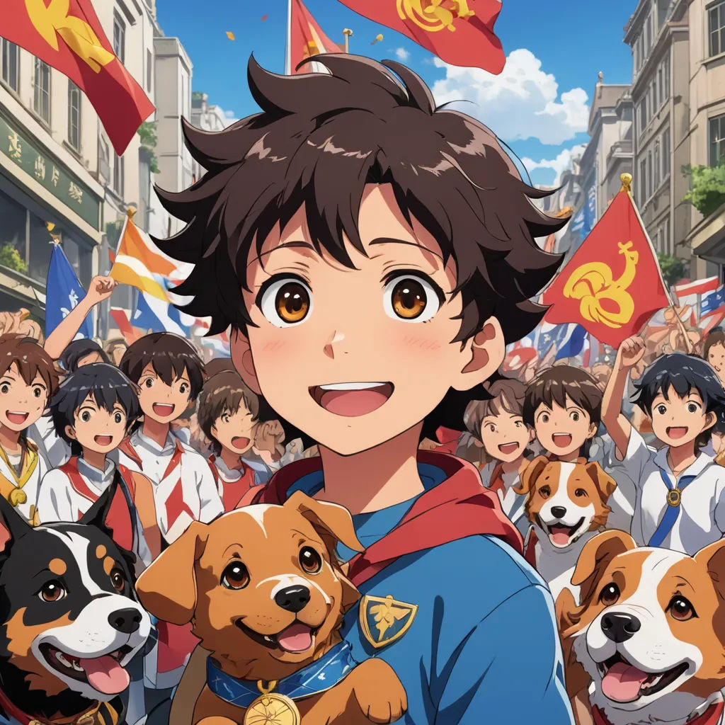 a boy holding a dog in front of a crowd of people with flags and flags in the background,, socialist realism, a poster, De Hirsh Margules, official art