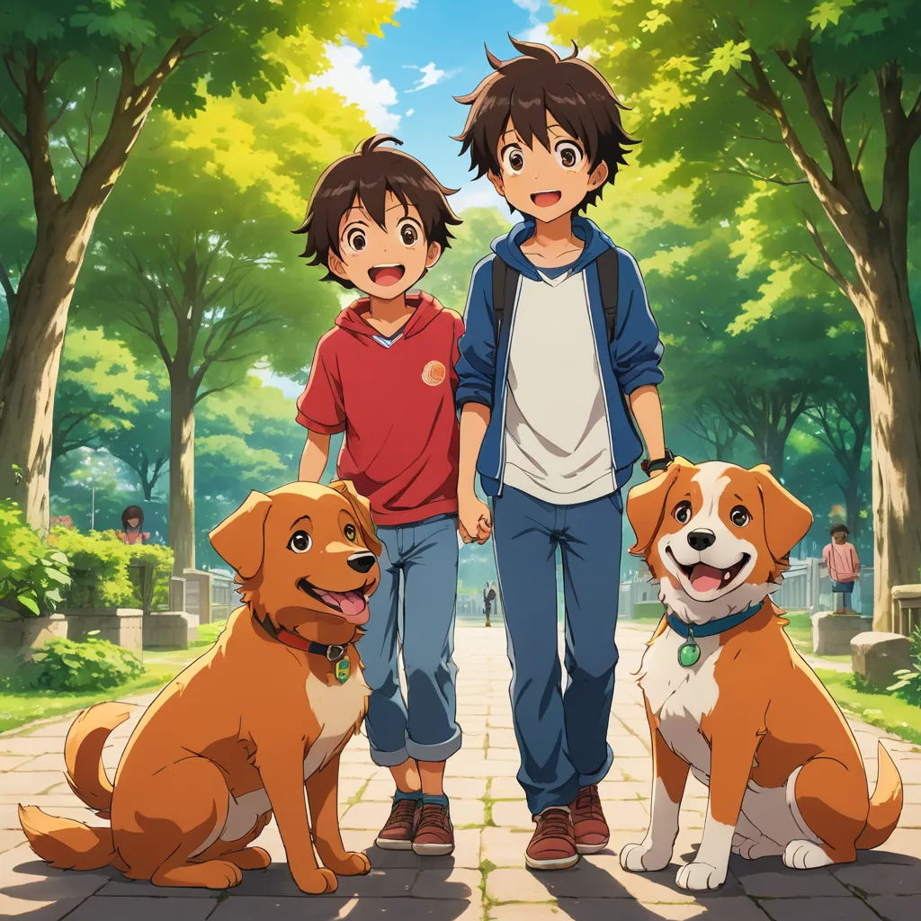 a boy and a girl standing next to two dogs in a park with trees and grass in the background, furry art, a poster, disney, official art