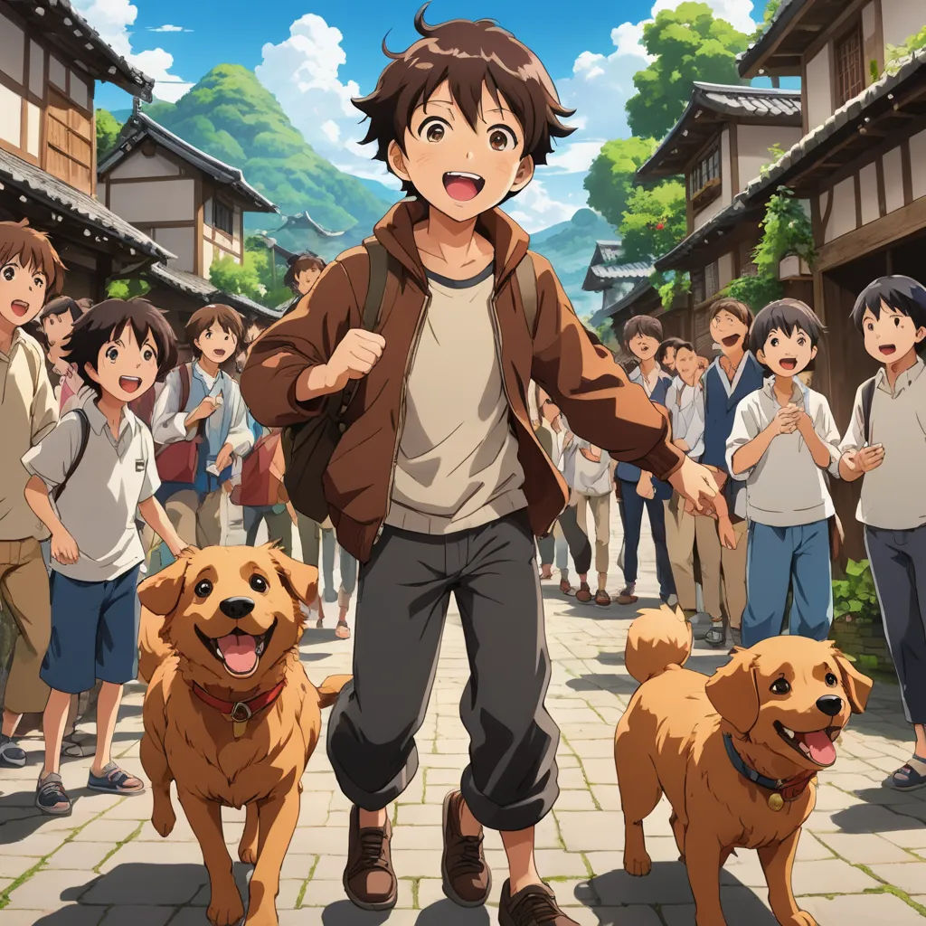 a man walking two dogs down a street with a group of people behind him and a dog on the ground, magical realism, concept art, David Budd, anime key visual