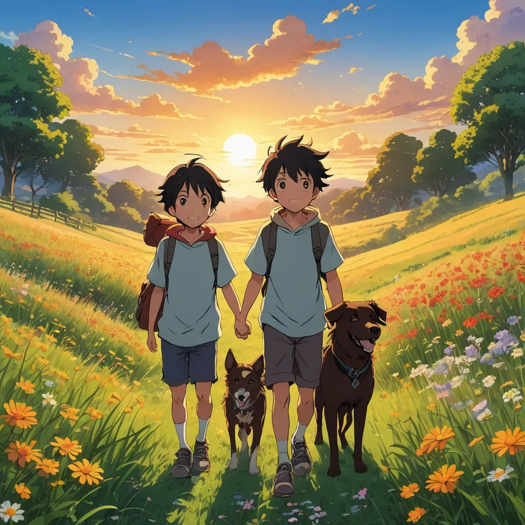 two children and a dog are walking through a field of flowers and grass with the sun in the background, neo-romanticism, poster art, Anne Said, anime key visual