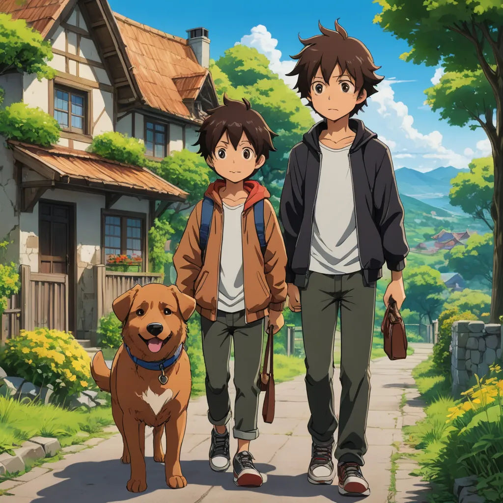 a man and a woman walking down a path with a dog on a leash next to a house and a dog, rayonism, concept art, Eizan Kikukawa, anime key visual