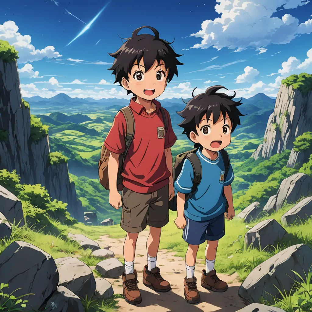 a boy and a girl standing on a path in a mountain area with a sky background and a star in the sky, rayonism, a detailed matte painting, Ai-Mitsu, official art