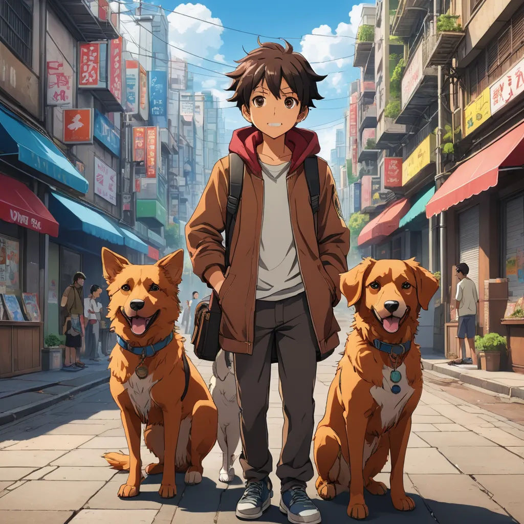 a man standing next to three dogs on a street with buildings in the background and a person standing next to them, furry art, concept art, Cedric Seaut (Keos Masons), anime key visual