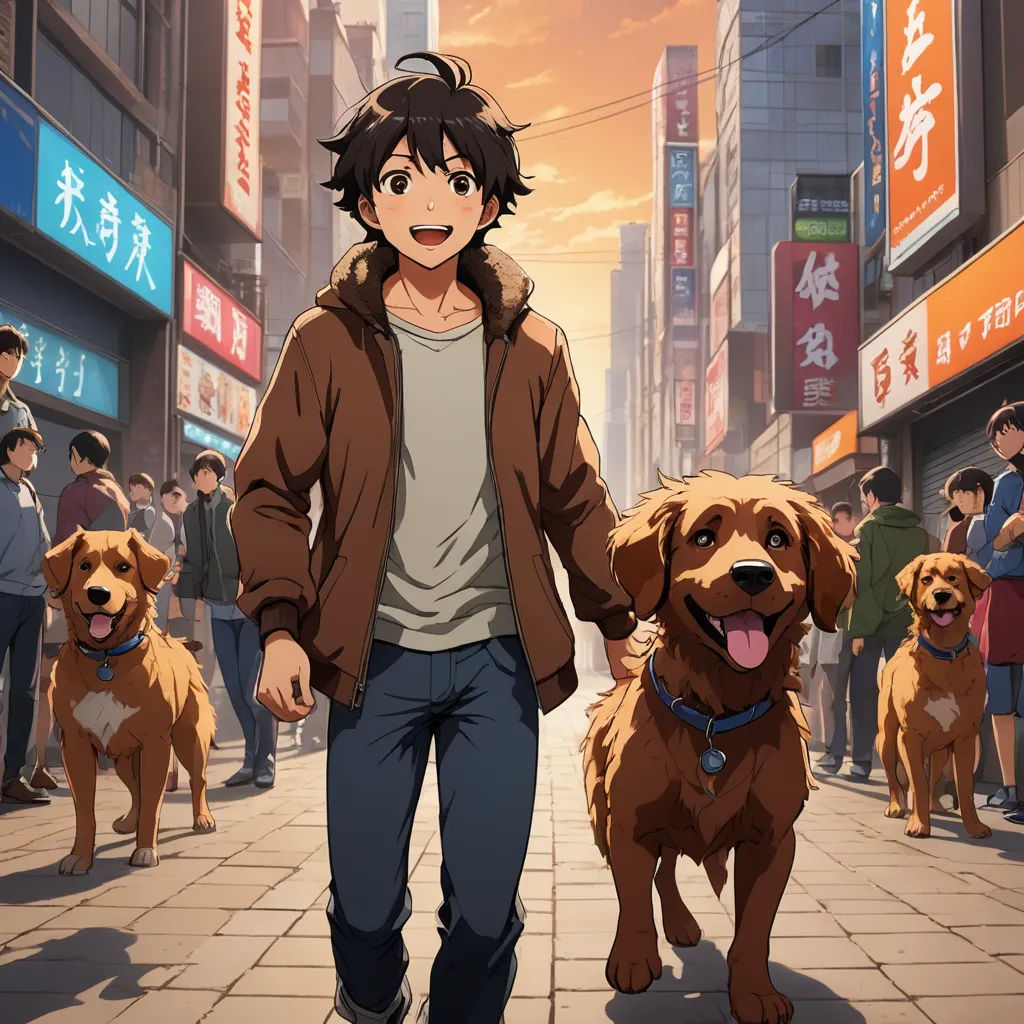 a man walking two dogs down a street in front of a crowd of people and buildings with asian characters, visual art, concept art, Dan Content, official art
