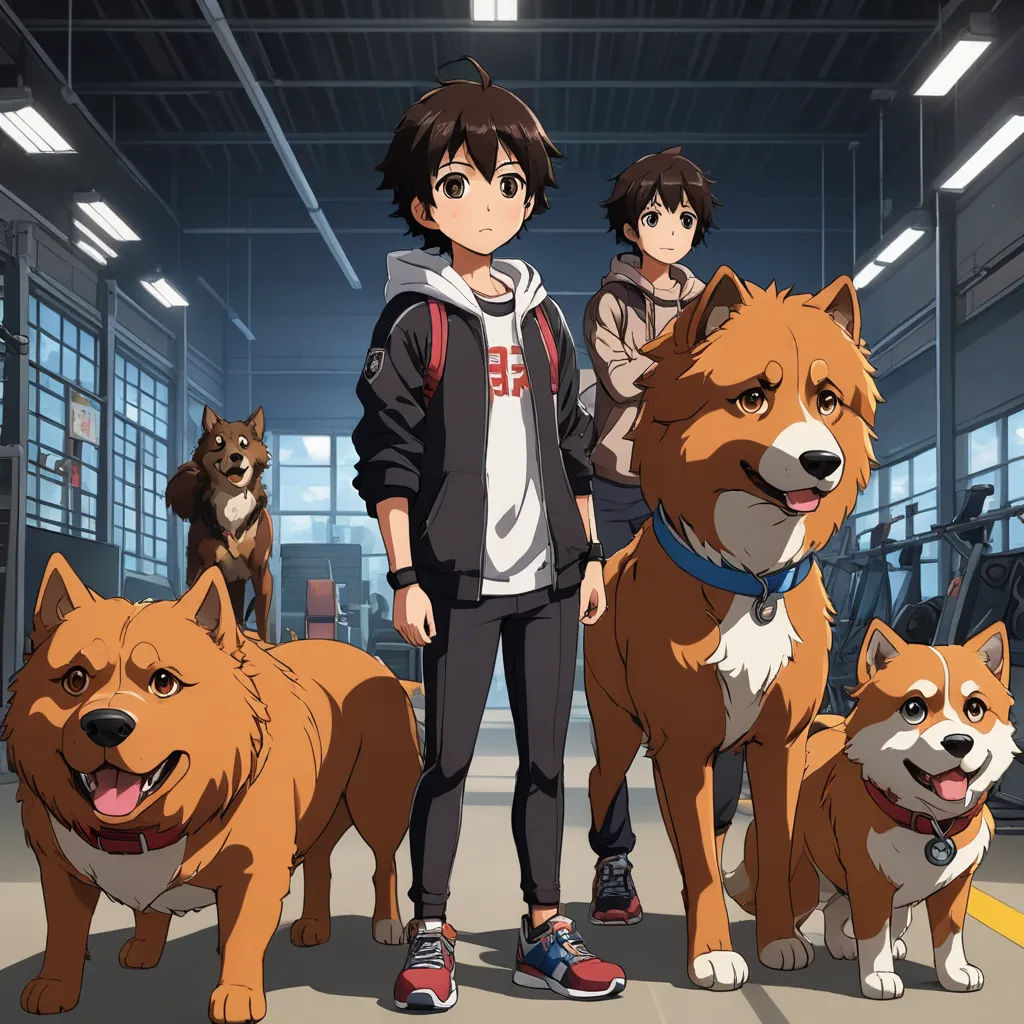 a group of people standing next to two dogs in a building with a person standing next to them and two dogs behind them, rayonism, concept art, David Budd, official art