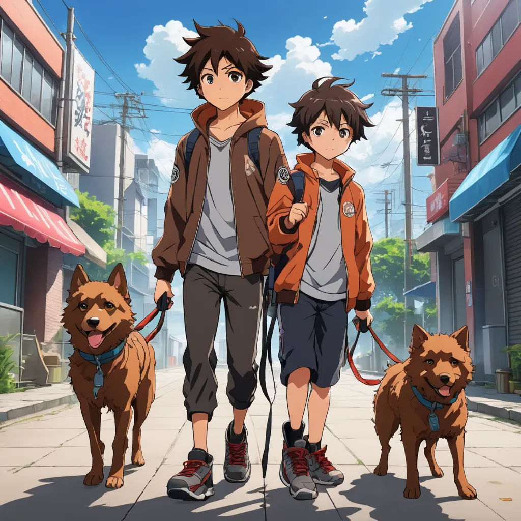 a man and woman walking two dogs down a street in front of buildings with a sky background and a dog on a leash, rayonism, concept art, Baiōken Eishun, anime key visual
