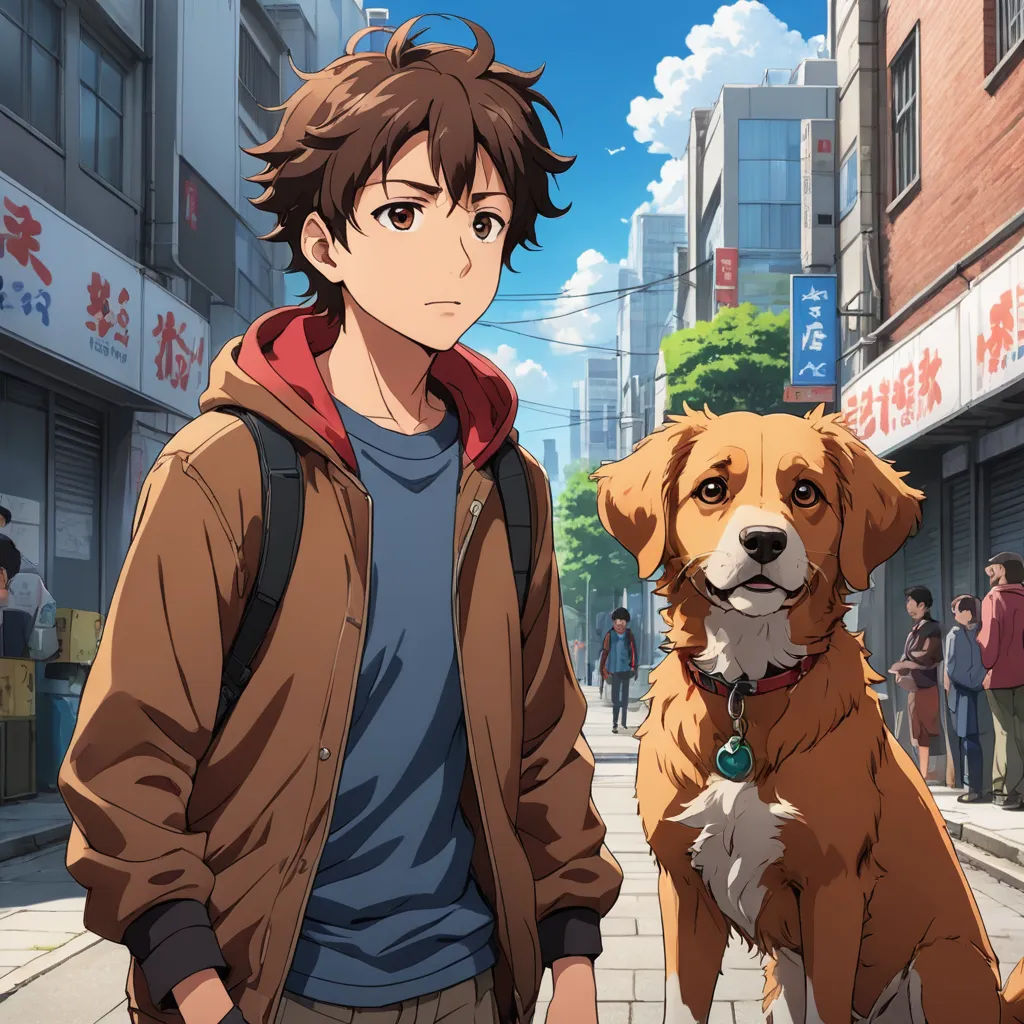 a man standing next to a dog on a street next to a building with people walking by and a dog on the sidewalk, furry art, concept art, Eizan Kikukawa, anime key visual