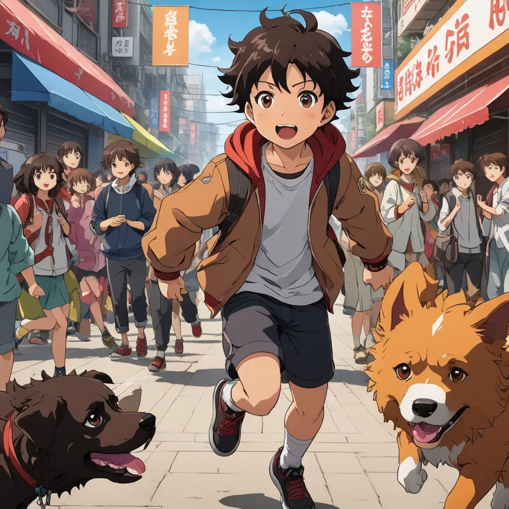 a boy running with a dog and a dog on a leash in front of him and a crowd of people, rayonism, concept art, Baiōken Eishun, anime key visual