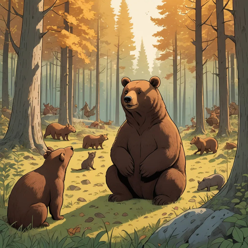 a bear and her cubs in a forest setting with trees and rocks in the foreground and a sun shining through the trees, furry art, a storybook illustration, Chris LaBrooy, official art