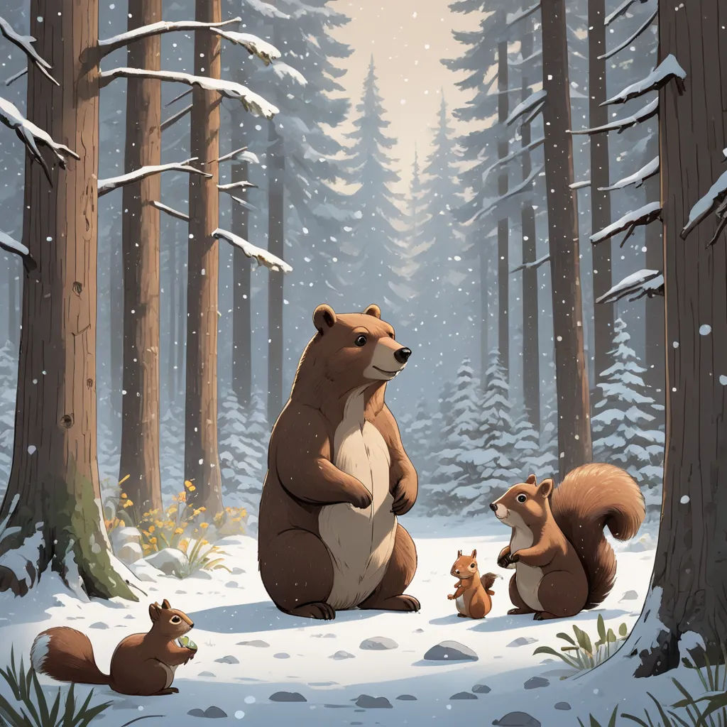 a couple of animals that are in the snow together in the woods with snow falling on them and trees, furry art, a storybook illustration, Chris LaBrooy, storybook illustration