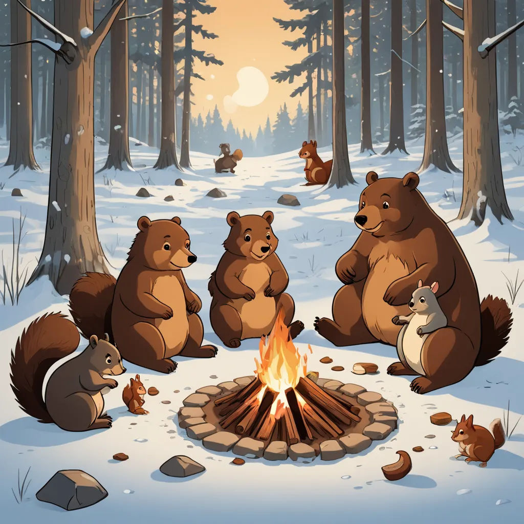 a group of bears sitting around a campfire in the woods with a forest background and a sun setting, furry art, a storybook illustration, Dan Mumford, comic cover art