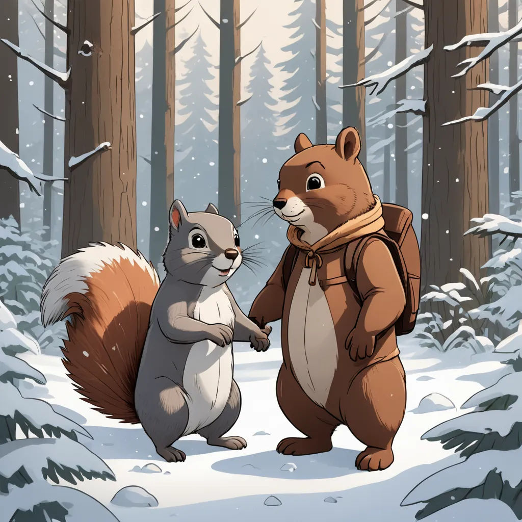 a squirrel and a squirrel are standing in the snow in a forest with trees and snow covered ground, one of the squirrels is holding the other's paw, sots art, a storybook illustration, Chris LaBrooy, storybook illustration