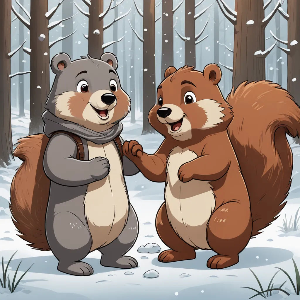 two cartoon squirrels standing in the snow in a forest with trees and snowflakes on the ground and one of them is holding the other's hand, sots art, a storybook illustration, Andrey Esionov, official art