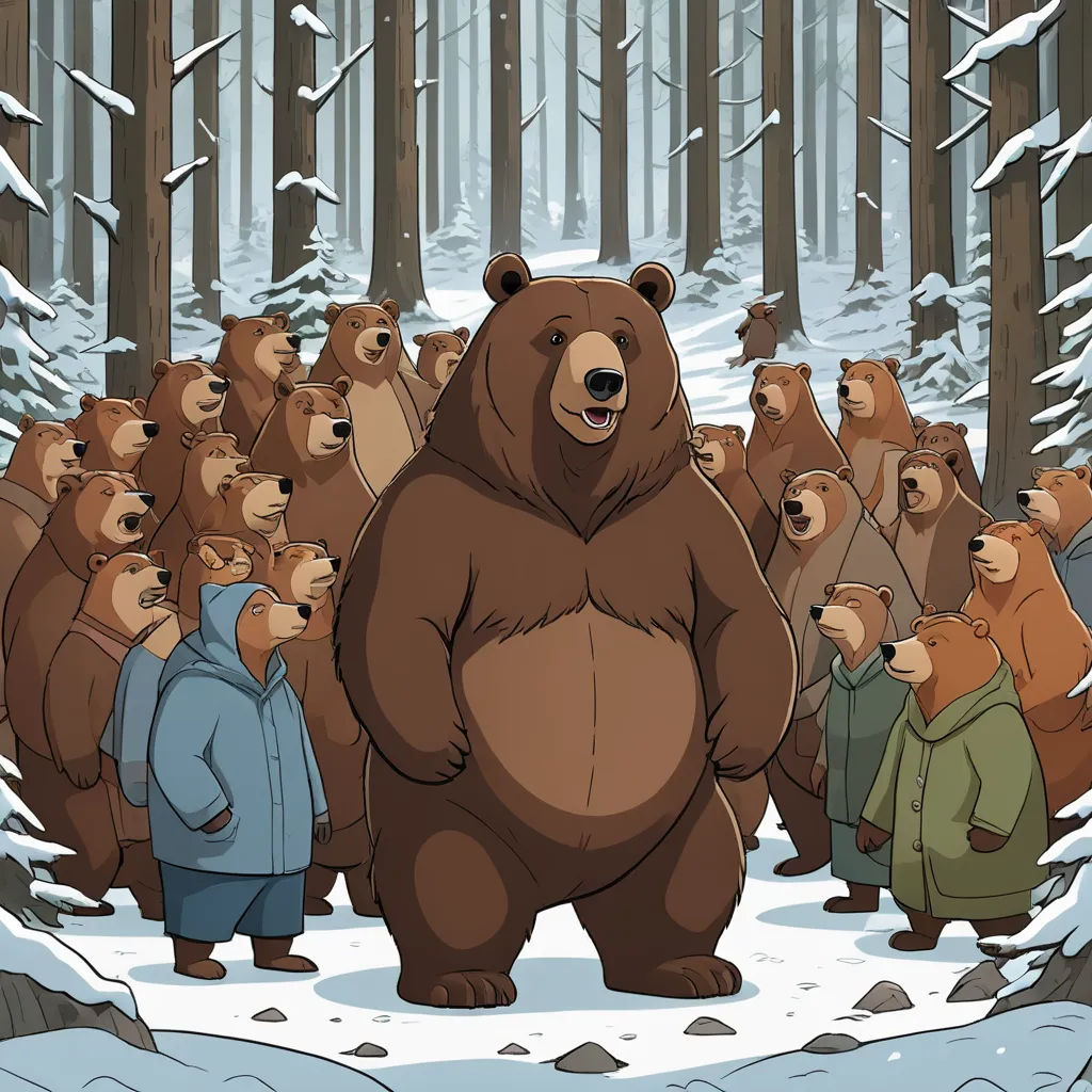 a large bear standing in front of a group of people in the woods with trees and snow on the ground, furry art, a storybook illustration, Chris LaBrooy, promotional image