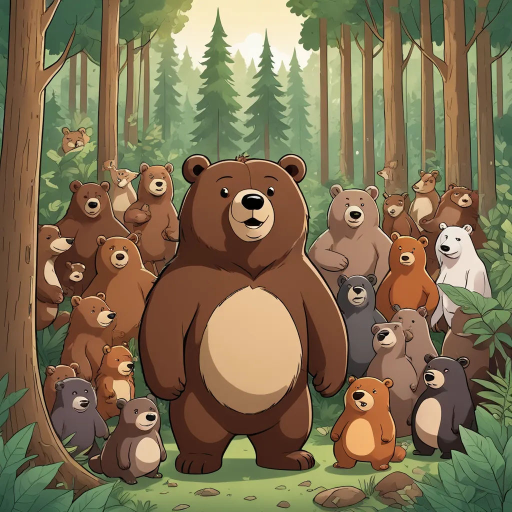 a large brown bear standing in front of a group of smaller brown bears in a forest with trees and grass, environmental art, a storybook illustration, Chris LaBrooy, promotional image
