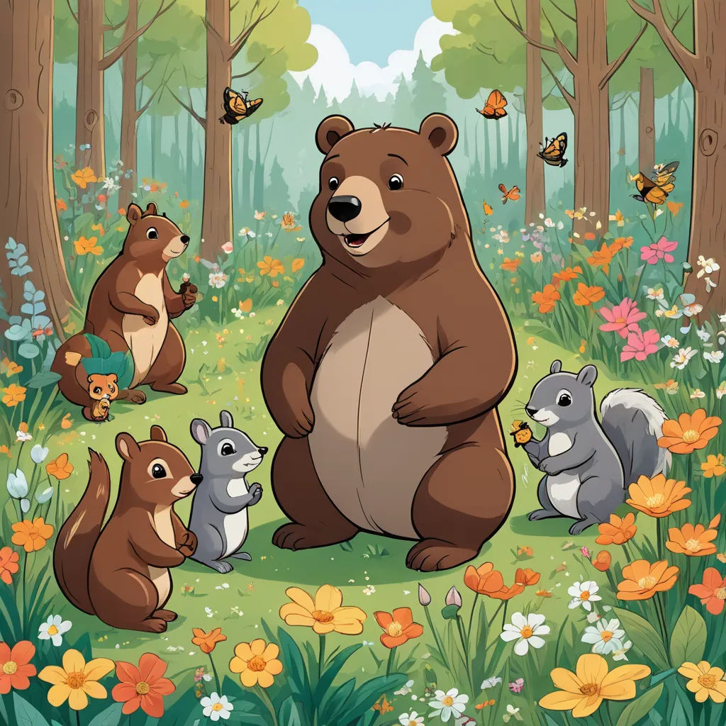 a bear and her cubs in a forest with butterflies and flowers on the ground and butterflies flying around them, furry art, a storybook illustration, Chris LaBrooy, storybook illustration