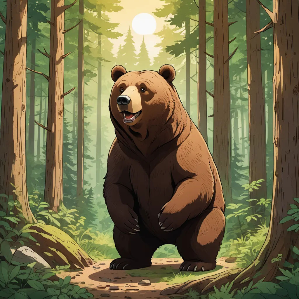 a bear standing in the middle of a forest with a sun in the background and trees around it,, furry art, concept art, Chris LaBrooy, official art