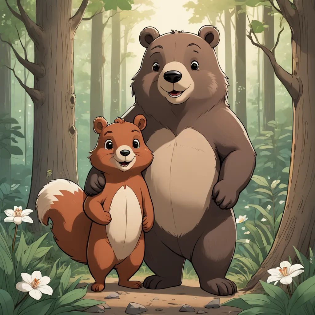 a bear and a fox standing in a forest with flowers and trees in the background, with the sun shining through the trees, furry art, a storybook illustration, Chris LaBrooy, official art