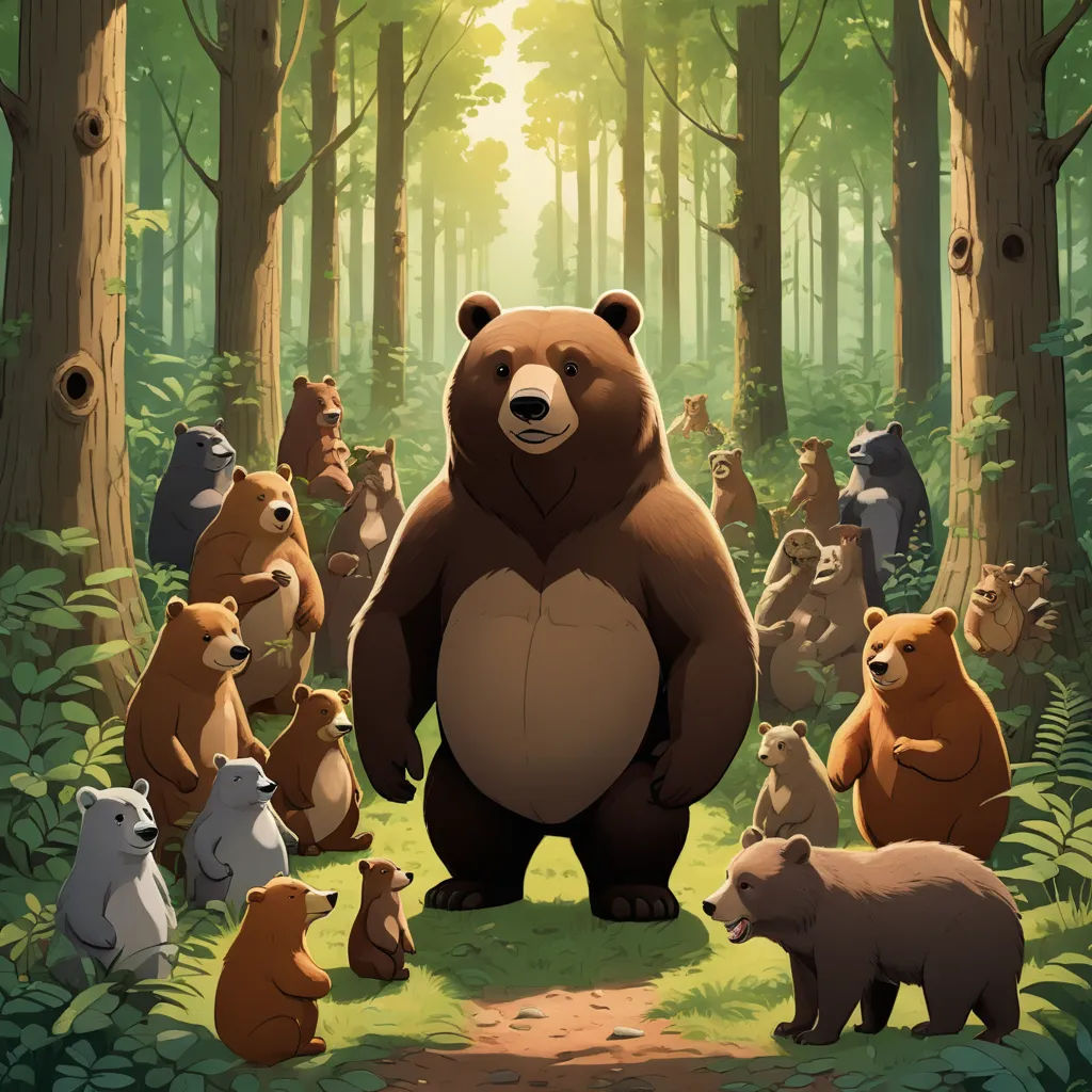 a large bear standing in the middle of a forest filled with bears and other animals, with a sun shining through the trees, furry art, a storybook illustration, Chris LaBrooy, official art