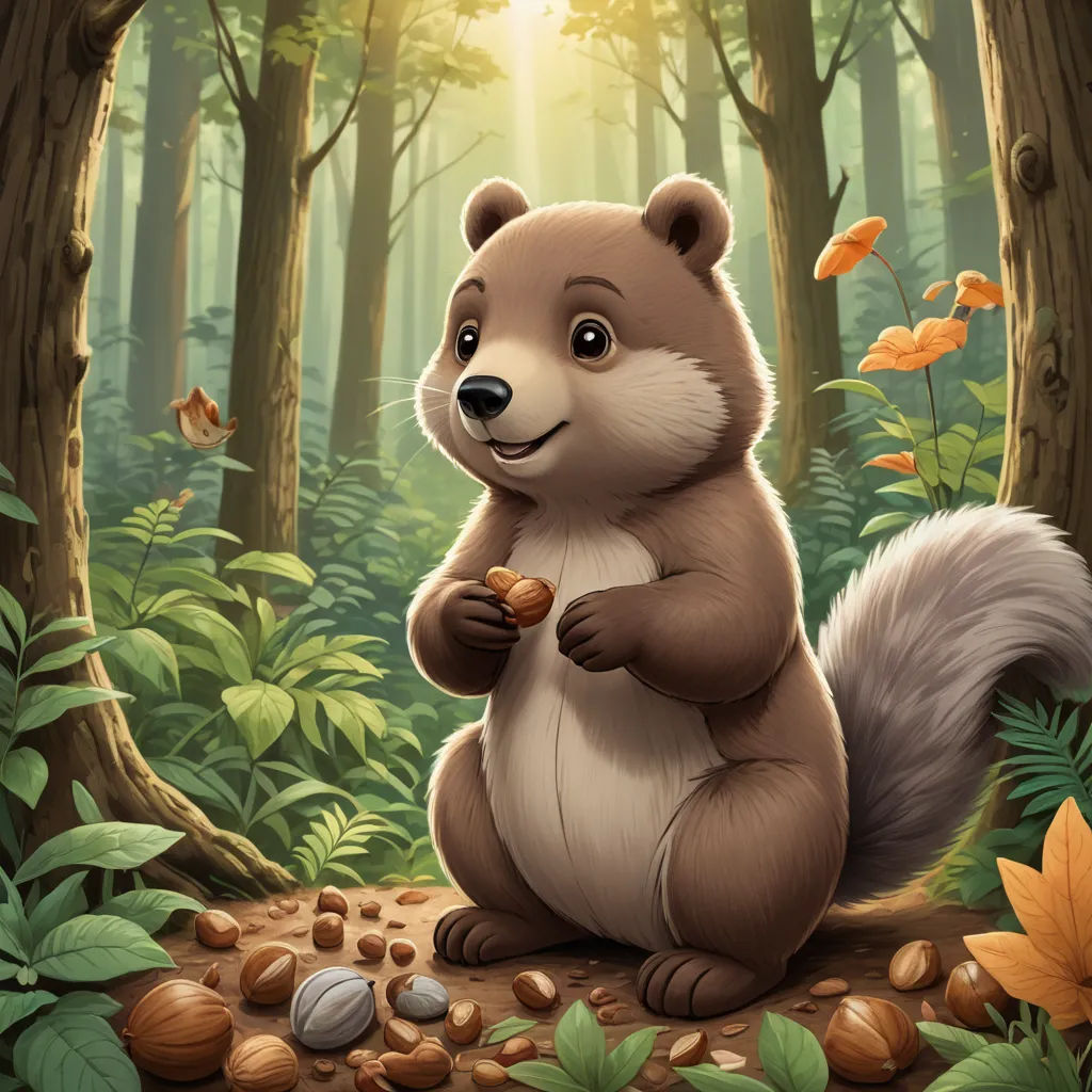 a cartoon animal is eating nuts in the forest with leaves and flowers around him, and a sunbeam in the background, sots art, a storybook illustration, Chris LaBrooy, official art