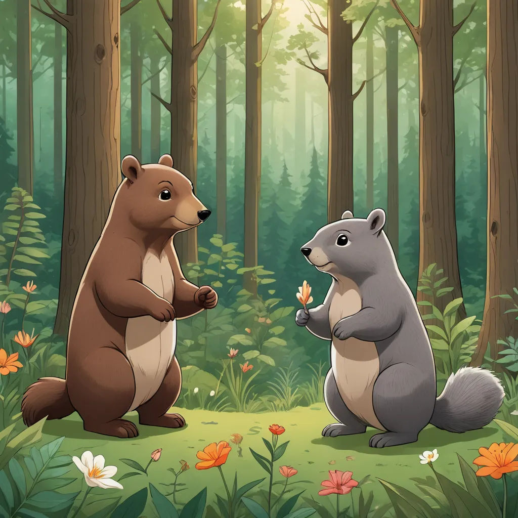 a couple of animals standing in the middle of a forest together, with a forest background and flowers all around, sots art, a storybook illustration, Chris LaBrooy, official art