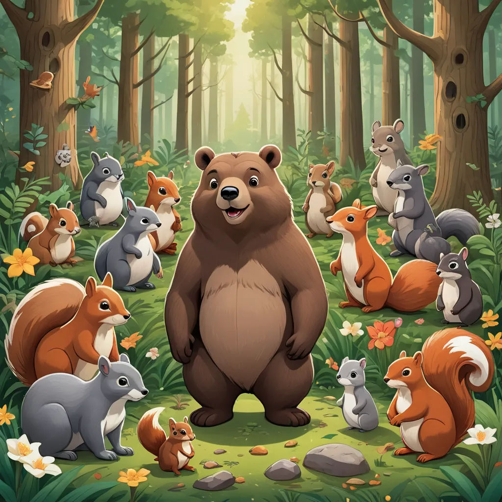 a bear surrounded by many different animals in a forest with sunlight shining through the trees and flowers on the ground, furry art, a storybook illustration, Chris LaBrooy, official art