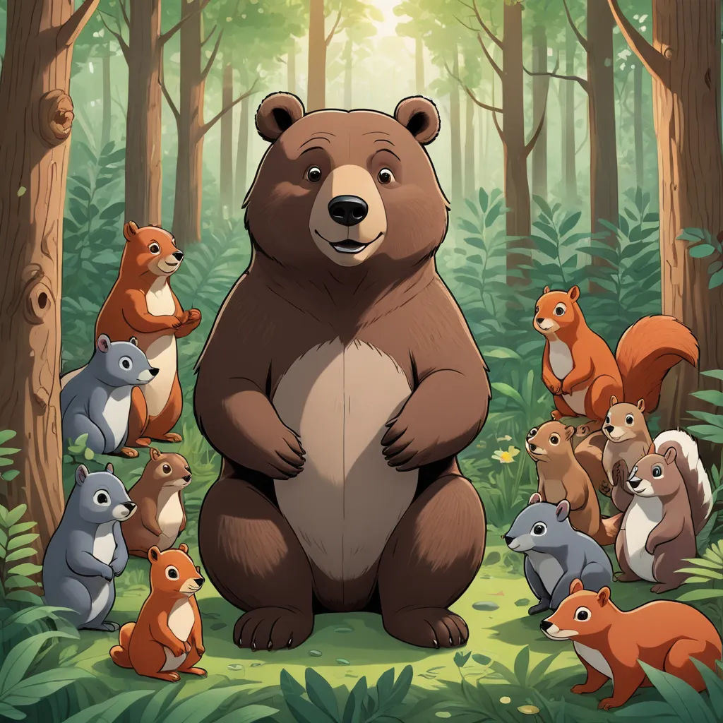 a bear surrounded by other animals in a forest setting with sunlight shining through the trees and leaves on the ground, furry art, a storybook illustration, Chris LaBrooy, official art