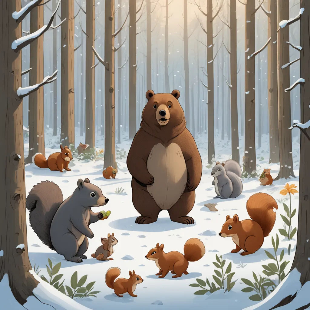a bear and other animals in a snowy forest area with trees and snow on the ground and snow on the ground, furry art, a storybook illustration, Chris LaBrooy, storybook illustration