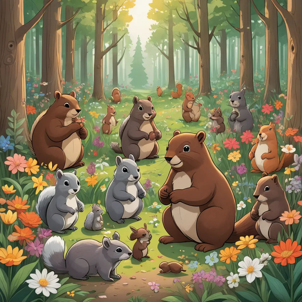 a group of animals in a forest with flowers and trees in the background, with a sunbeam in the middle, furry art, a storybook illustration, Chris LaBrooy, official art