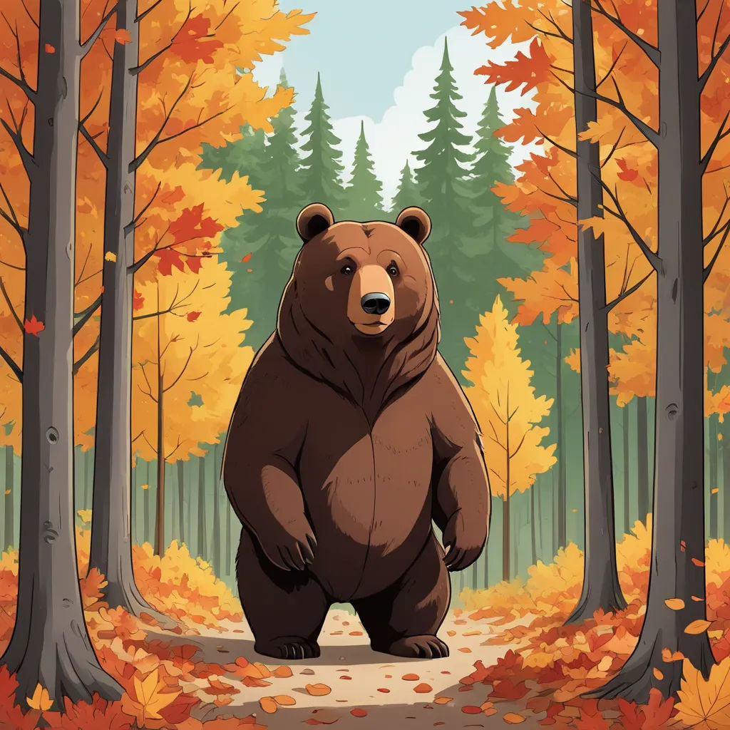 a bear standing in a forest with trees and leaves on the ground and a path leading to it with a forest in the background, environmental art, a storybook illustration, Chris LaBrooy, official art