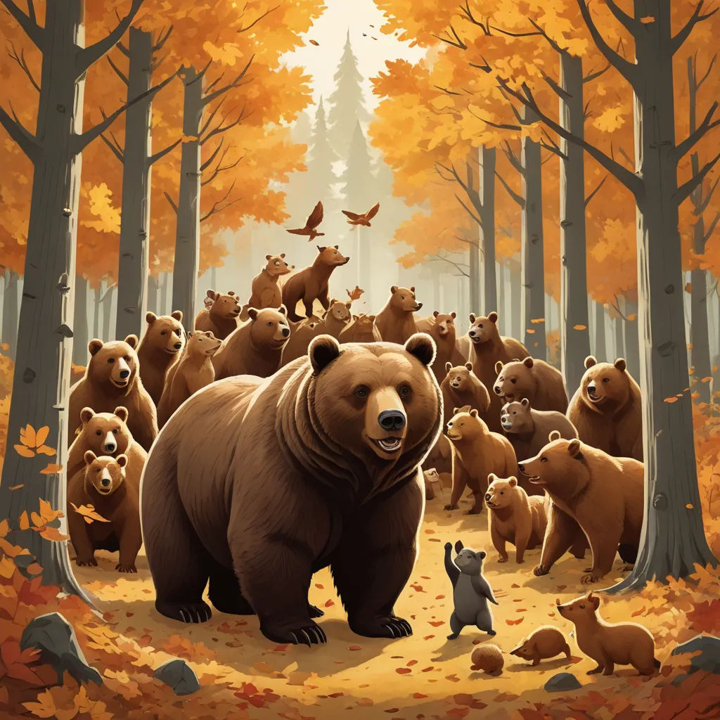 a bear and her cubs in a forest with trees and leaves in the fall colors, with a bird flying above, furry art, a storybook illustration, Chris LaBrooy, furaffinity