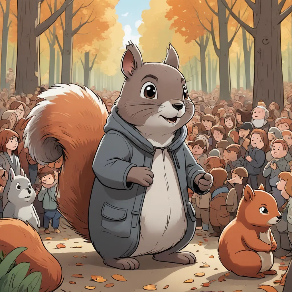 a squirrel is standing in front of a crowd of people in a forest with trees and leaves on the ground, furry art, a storybook illustration, Chris LaBrooy, official art