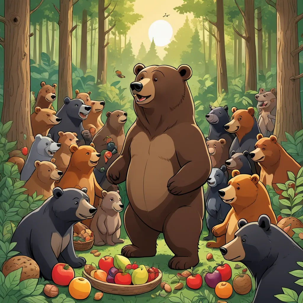 a large bear standing in the middle of a forest filled with bears and apples, with a sun in the background, furry art, a storybook illustration, Chris LaBrooy, official art