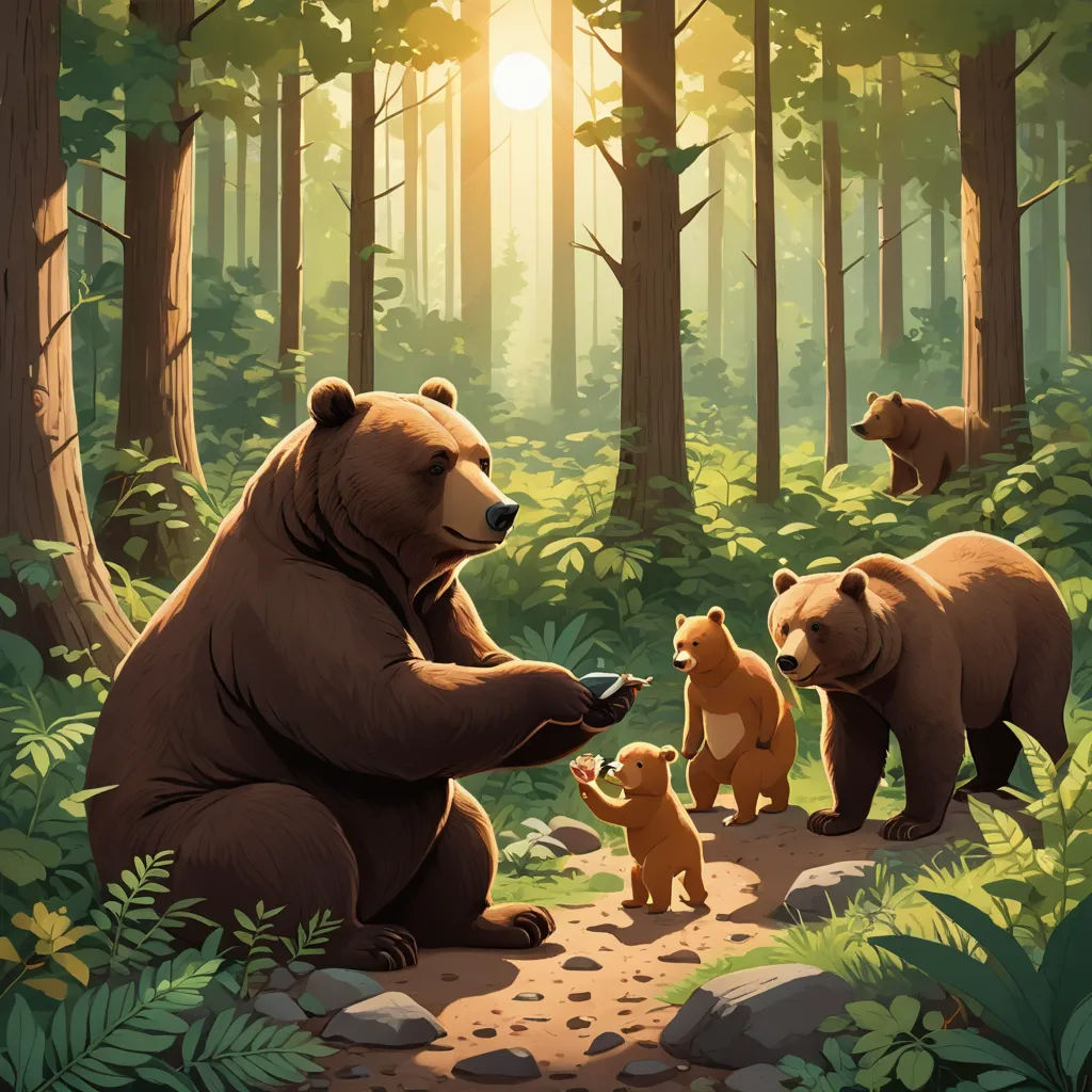 a group of bears walking through a forest with a baby bear in the foreground and a larger bear in the background, environmental art, a storybook illustration, Chris LaBrooy, official art