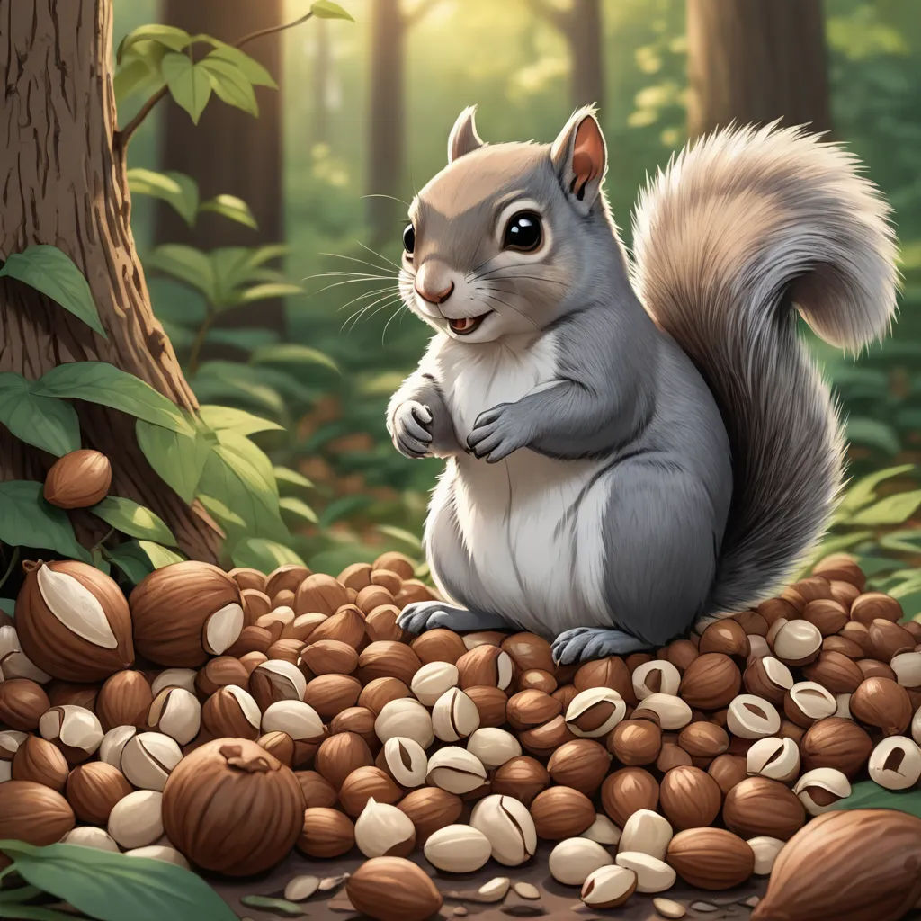 a squirrel is sitting on a pile of nuts in the forest with a tree in the background and a forest floor full of nuts, furry art, a digital painting, Chris LaBrooy, trending on art station