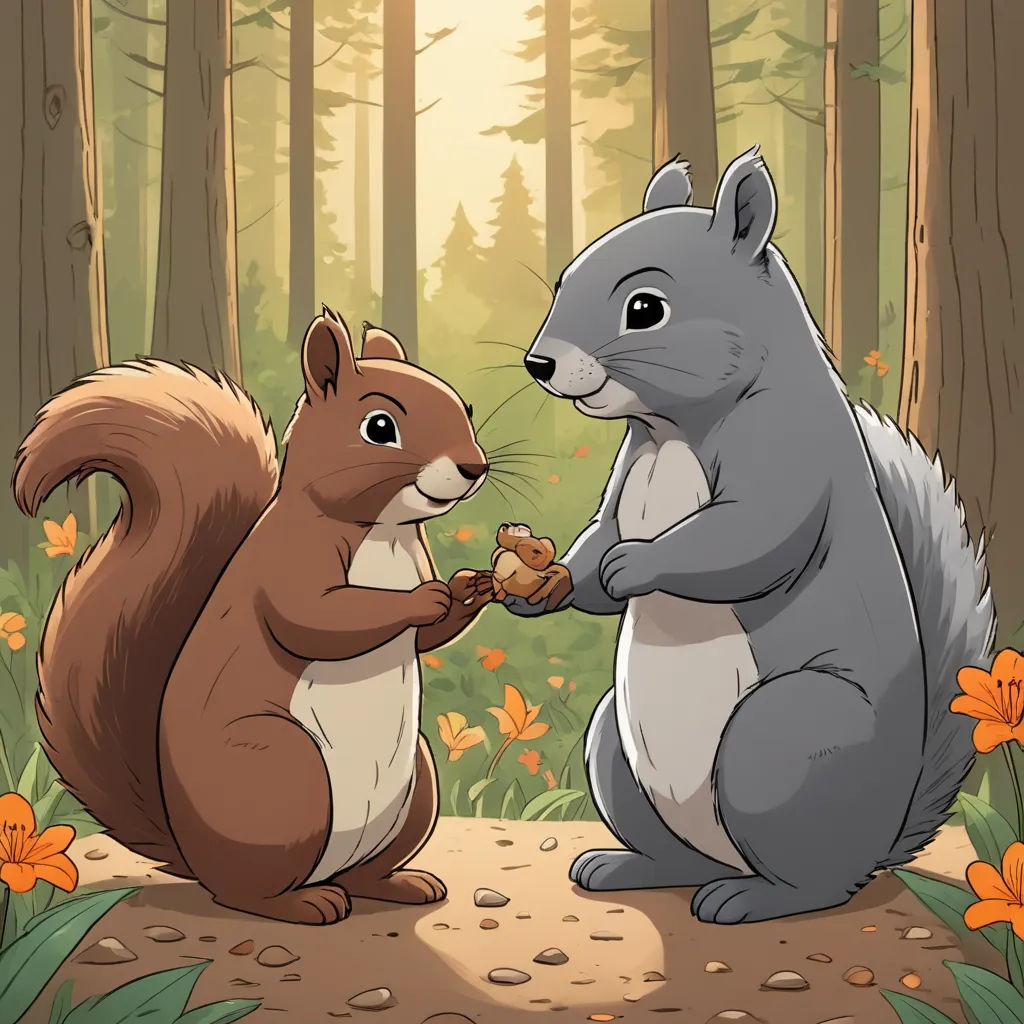 two squirrels are eating nuts in the woods together, one is eating a nut and the other is eating a nut, sots art, a storybook illustration, Chippy, official art