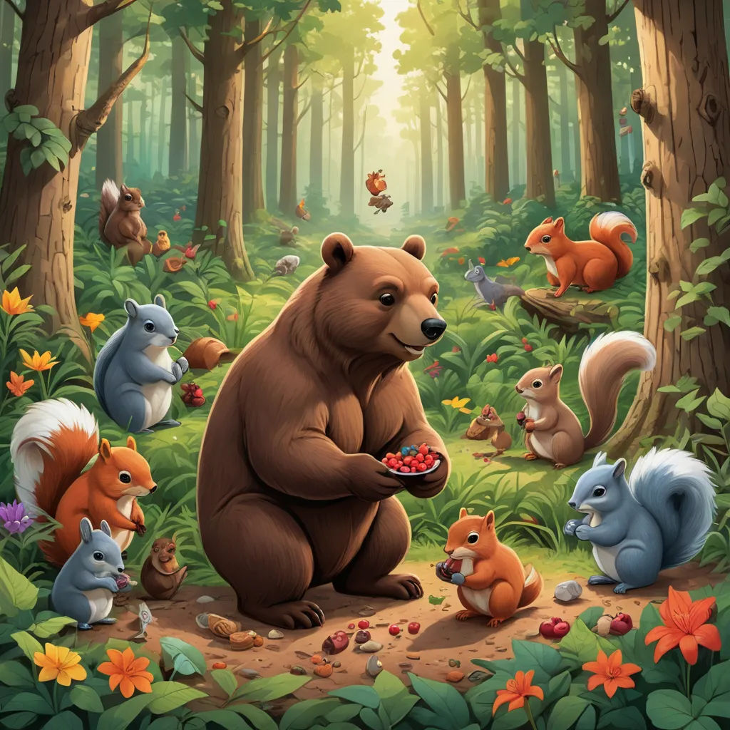 a bear is eating in the forest with other animals around him and a squirrel is eating a piece of food, furry art, a storybook illustration, Chris LaBrooy, official art