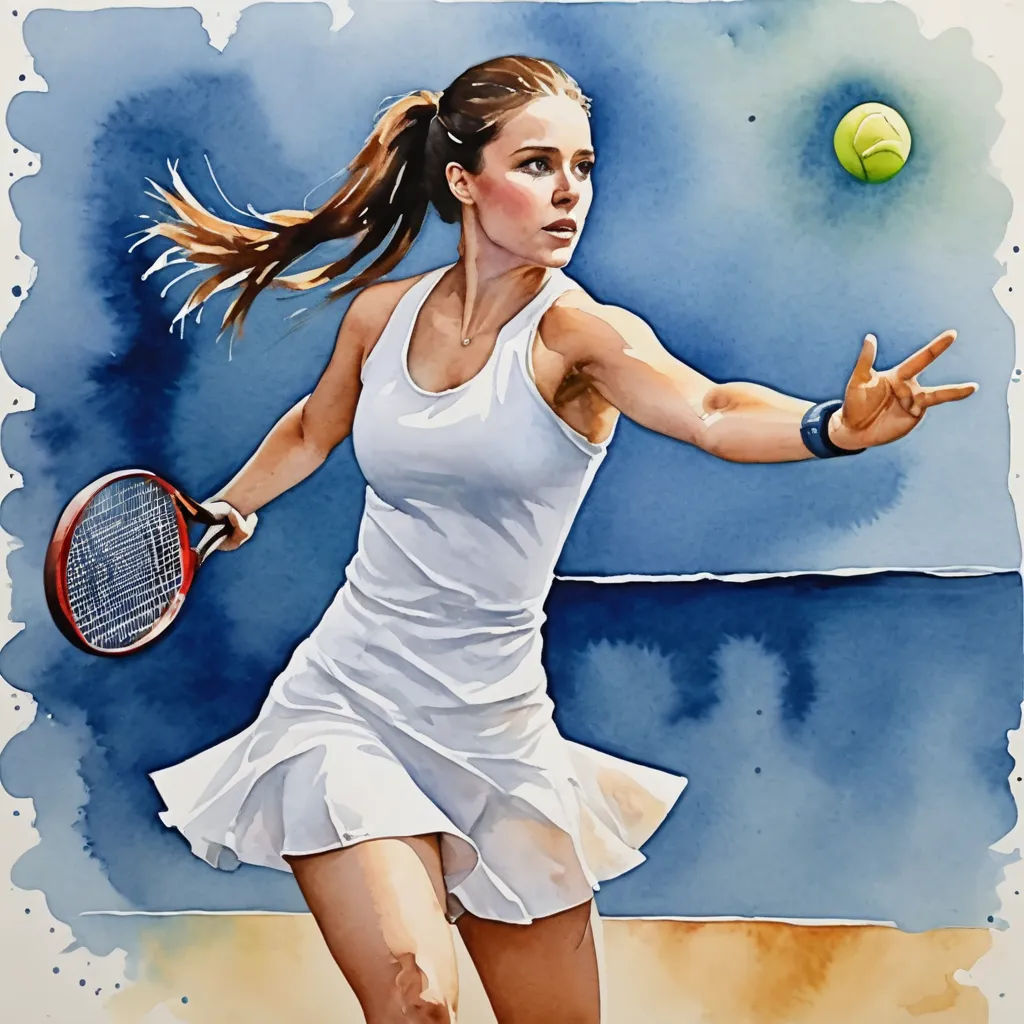 a painting of a woman playing tennis on a tennis court with a racket in her hand and a ball in the air, figurative art, a watercolor painting, Alison Kinnaird, watercolor