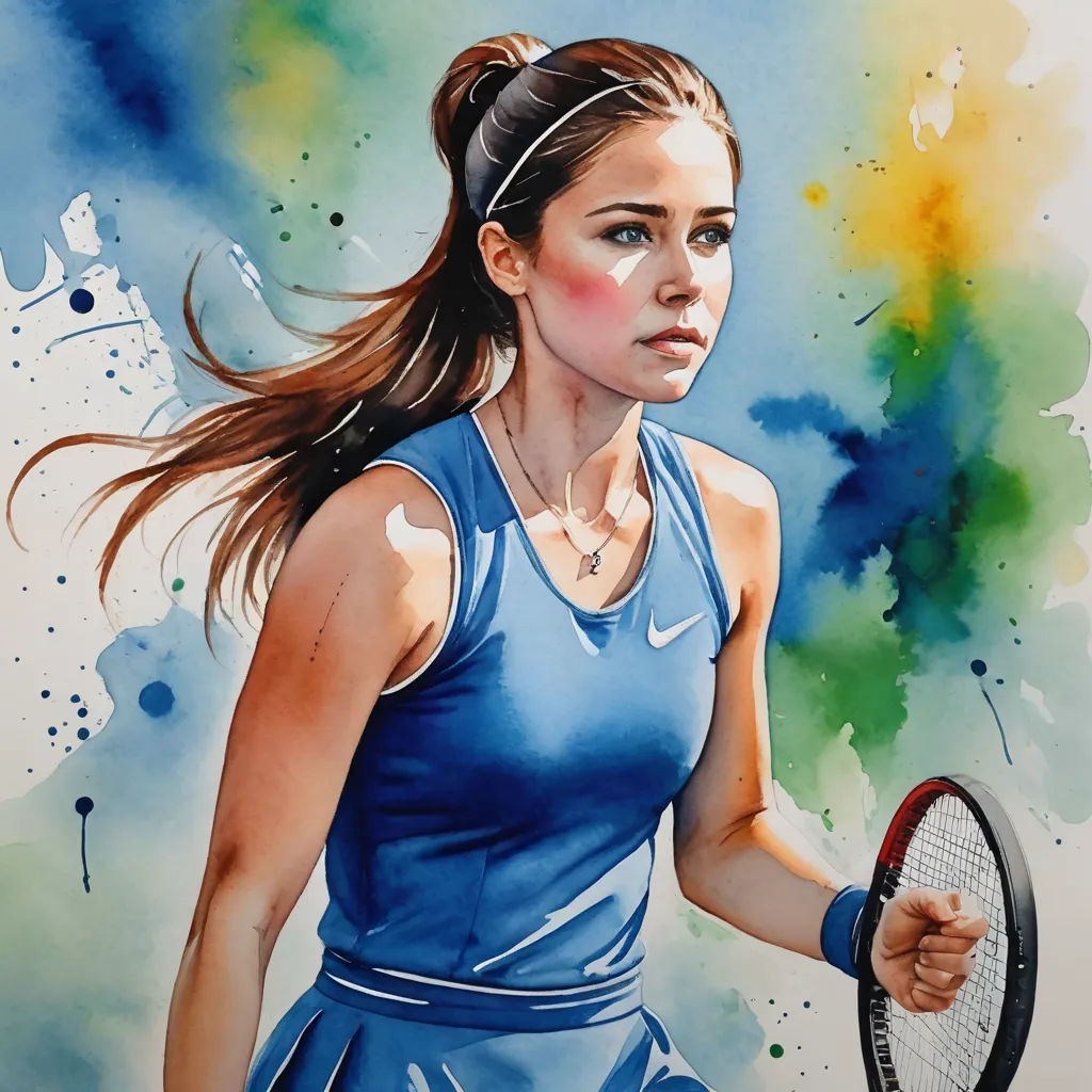 a painting of a woman holding a tennis racket in her hand and wearing a blue dress with a white collar, modern european ink painting, a watercolor painting, Alena Aenami, in gouache detailed paintings