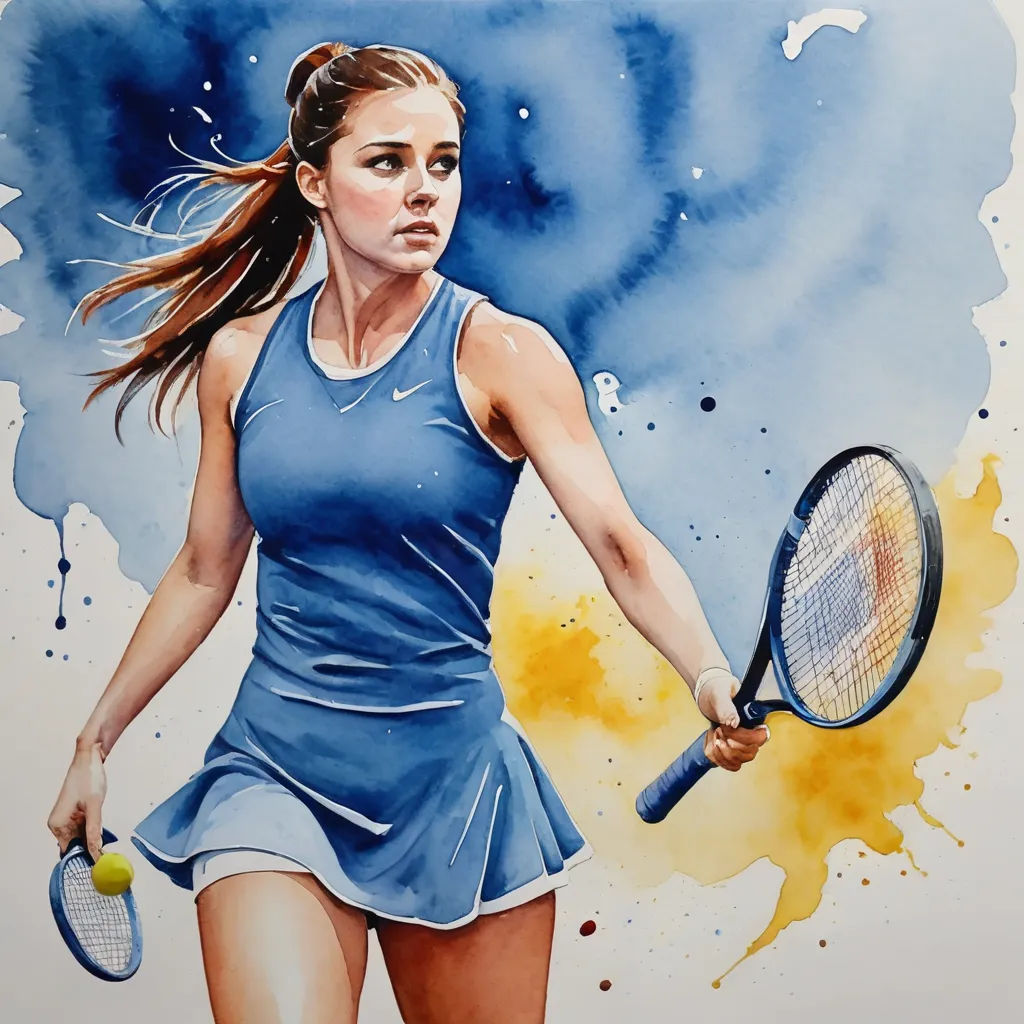 a painting of a woman holding a tennis racquet and ball in her hand, with a blue dress on, modern european ink painting, an airbrush painting, Annabel Eyres, watercolor