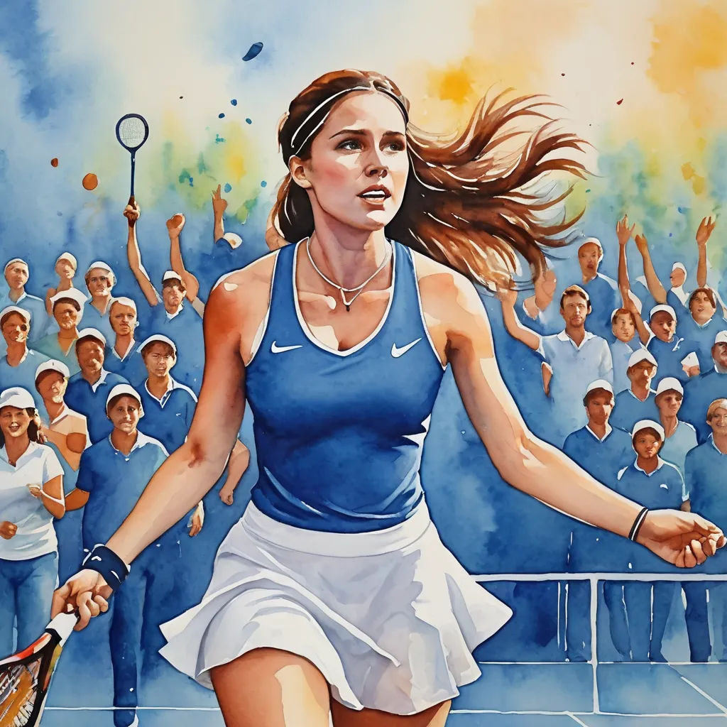 a painting of a woman playing tennis in front of a crowd of people with a racket in her hand, modern european ink painting, an airbrush painting, Florence Engelbach, in gouache detailed paintings