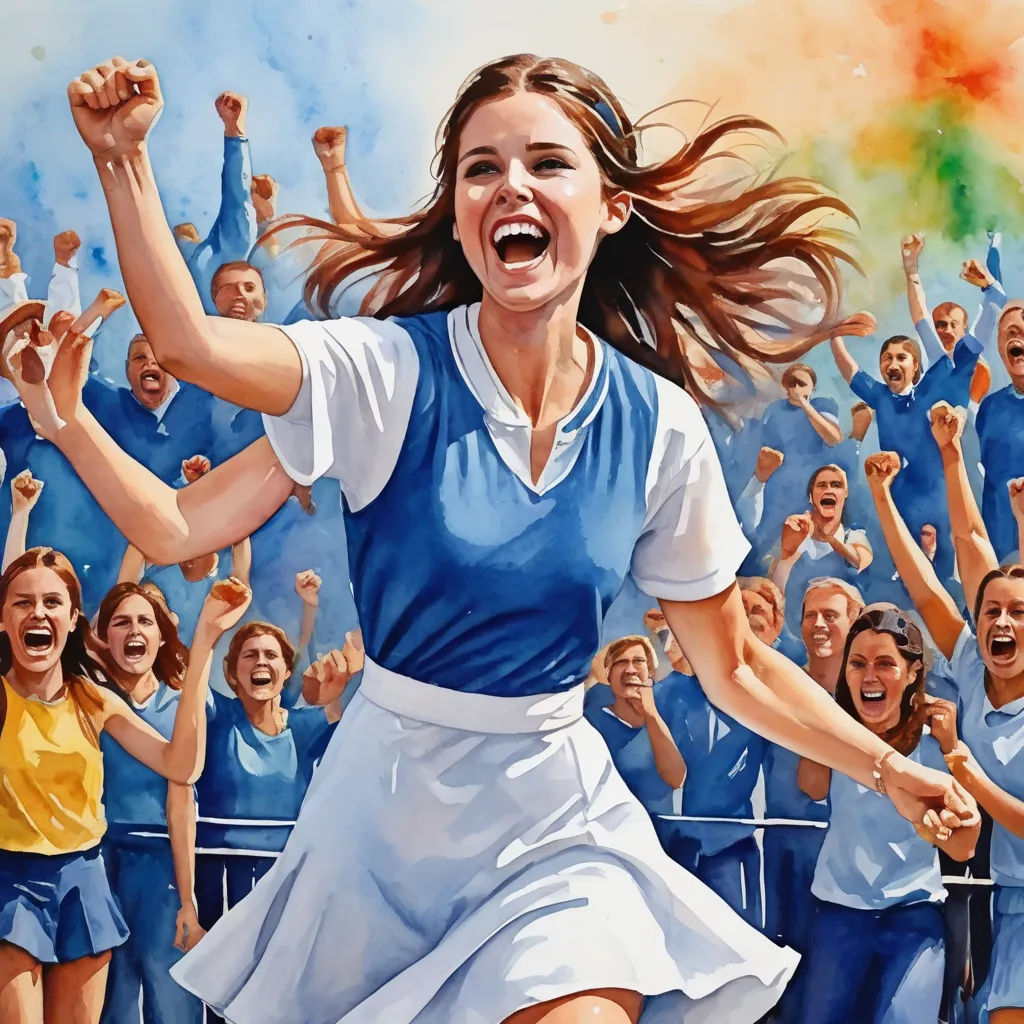 a painting of a woman in a tennis uniform with her arms in the air and her hands in the air, feminist art, an ultrafine detailed painting, Alex Horley-Orlandelli, cheerful