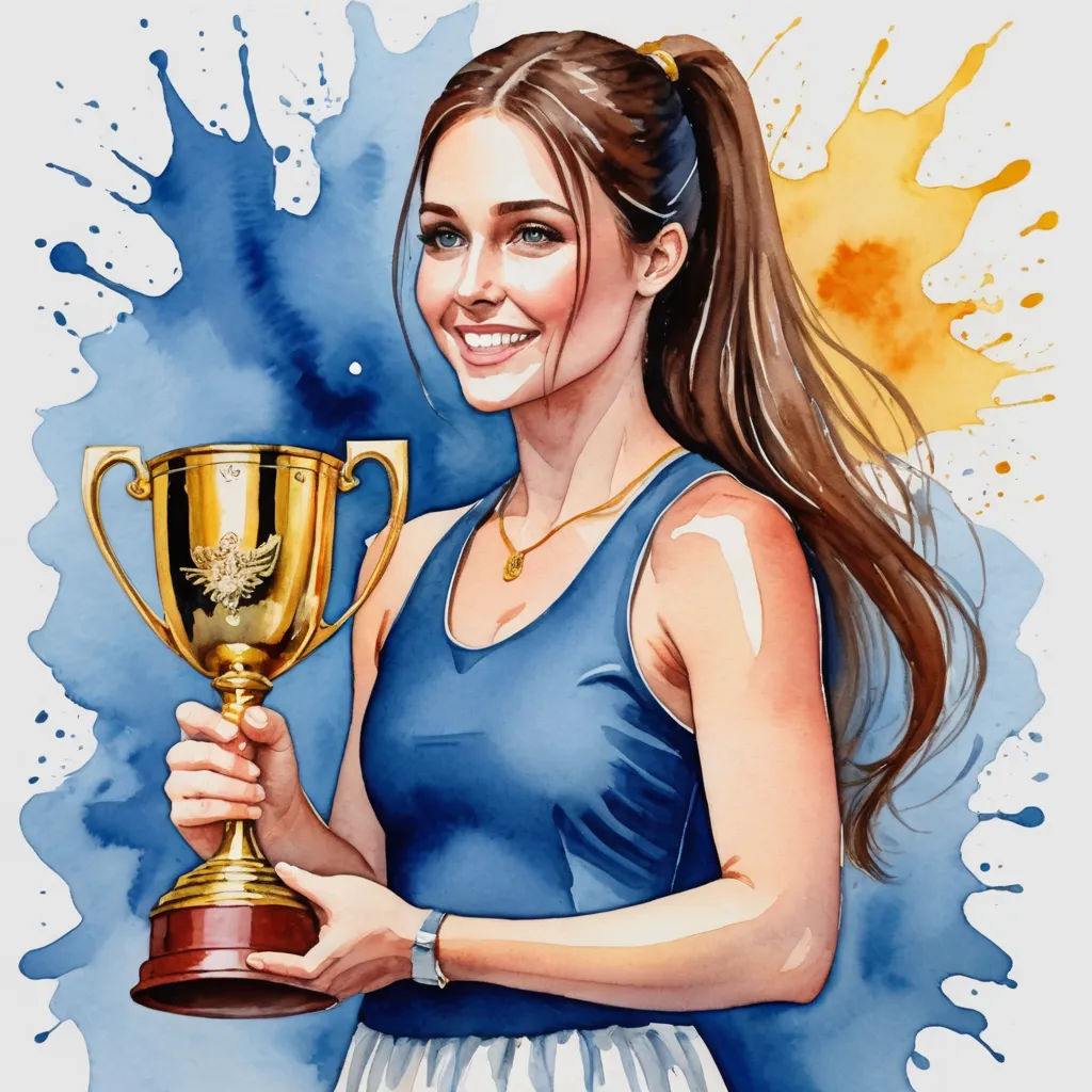 a woman holding a trophy in her hand and smiling at the camera with a blue background behind her and splashing paint behind her, figurative art, an ultrafine detailed painting, Artgerm, professional digital painting