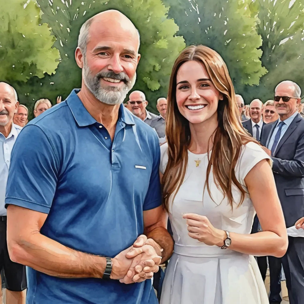 a painting of a man and woman holding hands and smiling at the camera with a crowd of people behind them, hyperrealism, a photorealistic painting, Eric Zener, extremely detailed oil painting