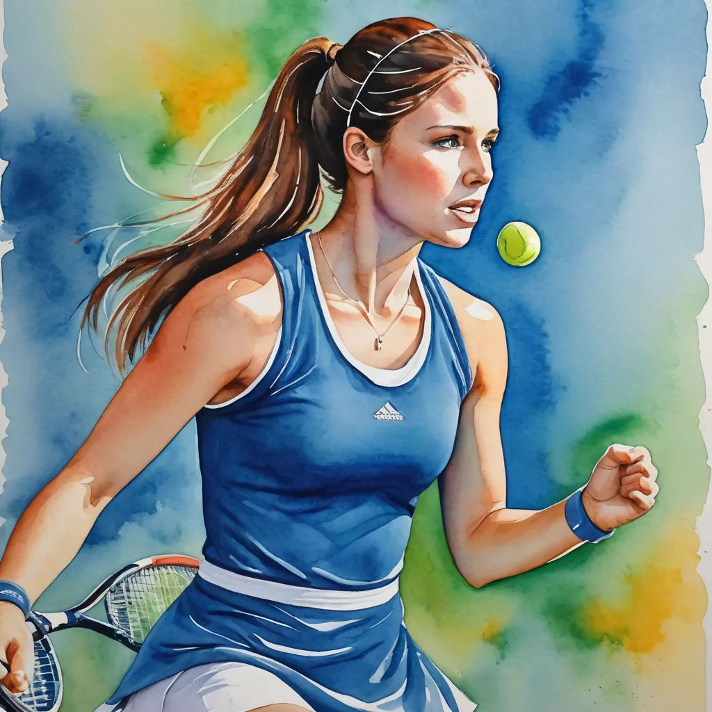 a painting of a woman playing tennis on a blue and green background with a tennis ball in the air, modern european ink painting, a watercolor painting, Claire Falkenstein, in gouache detailed paintings