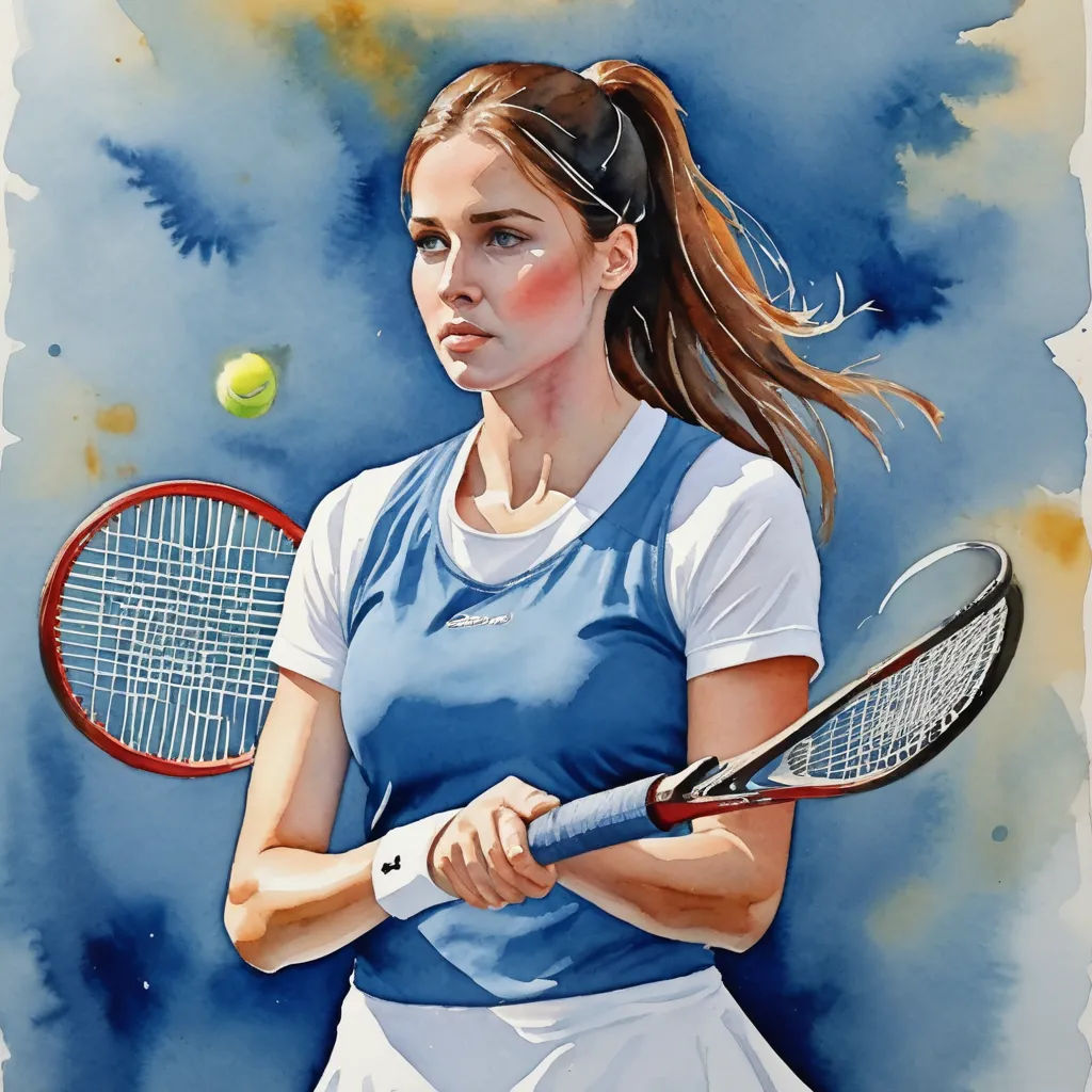 a painting of a woman holding a tennis racket and ball in her hand, with a blue background, figurative art, an ultrafine detailed painting, Annabel Eyres, in gouache detailed paintings