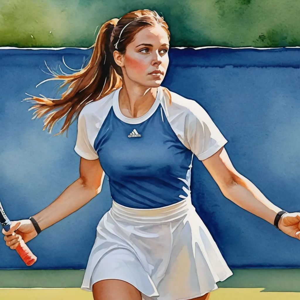 a painting of a woman holding a tennis racket and ball in her hand while playing tennis on a court, photorealism, a photorealistic painting, Eric Zener, in gouache detailed paintings