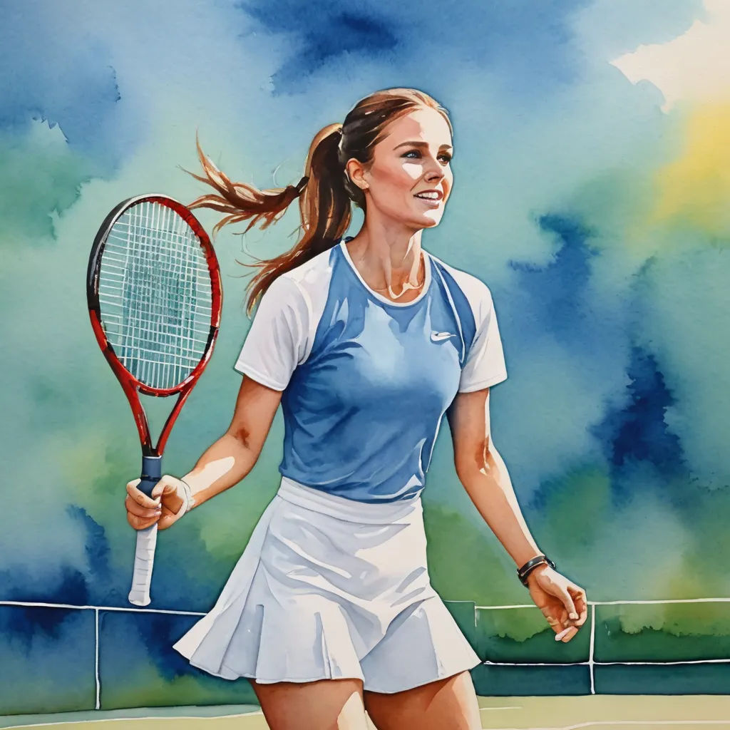 a painting of a woman holding a tennis racket on a tennis court with clouds in the background and a blue sky, modern european ink painting, a watercolor painting, Florence Engelbach, in gouache detailed paintings
